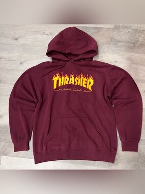 Thrasher Maroon Hoodie with Yellow-Orange Flame Logo